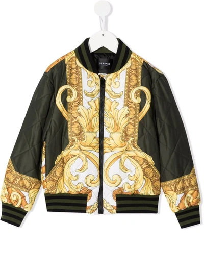 Shop Versace Baroque-print Quilted Bomber Jacket In Green