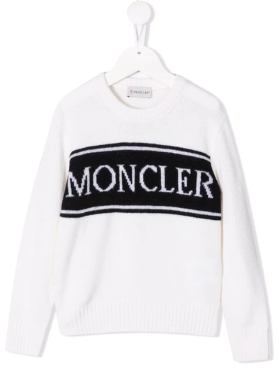 Shop Moncler Logo Intarsia Virgin Wool Jumper In White