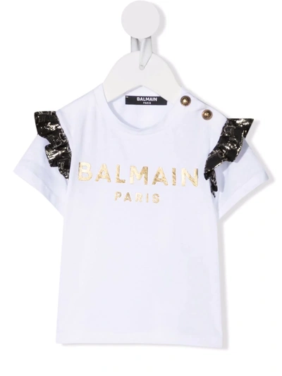 Shop Balmain Logo-print Ruffled T-shirt In White