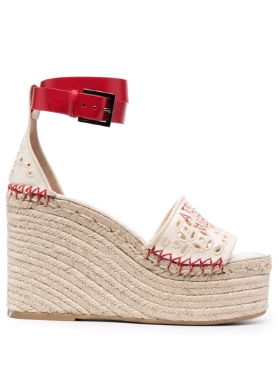 Shop Valentino Atelier 08 Broderie Anglaise Wedge Espadrilles In Neutrals