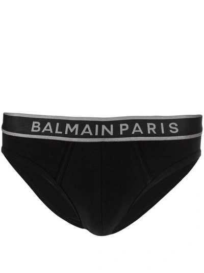 Shop Balmain Contrasting Logo Waistband Briefs In Black