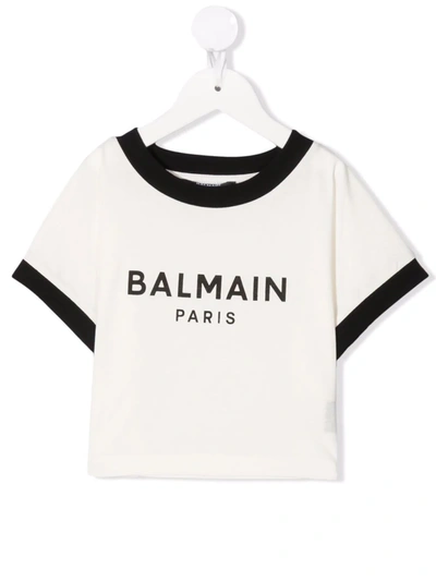 Shop Balmain Logo-print Cropped T-shirt In Neutrals