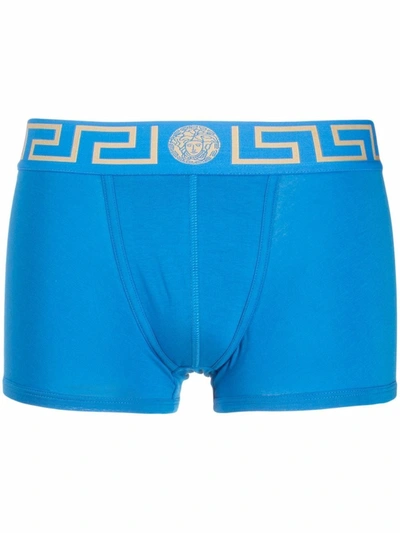Shop Versace Greca-waistband Boxers In Blue