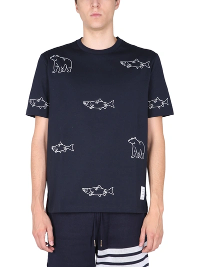 Shop Thom Browne T-shirt With Salmon And Bear Embroidered In Blue