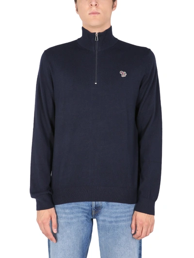 Shop Ps By Paul Smith High Neck Sweater With Zebra Logo Patch In Blu