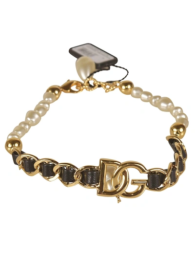 Shop Dolce & Gabbana Pearl Embellished Logo Bracelet In Gold