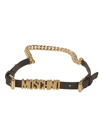 Shop Moschino Logo Plaque Leather & Chain Belt In Black