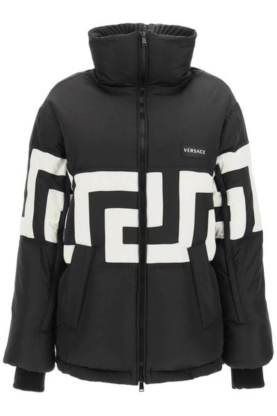 Shop Versace Down Jacket With Greca In Black White (black)