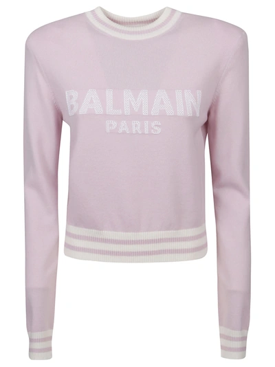 Shop Balmain Cropped Logo Sweater In Rose/pale White