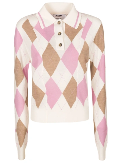 Shop Msgm Long-sleeved Polo Shirt In White/brown