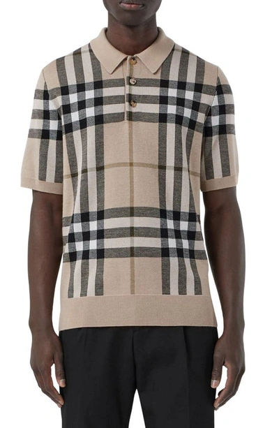 Shop Burberry Wellman Check Short Sleeve Silk & Wool Polo In Soft Fawn