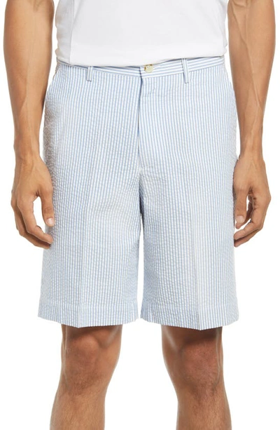 Shop Berle Flat Front Seersucker Shorts In Light Blue