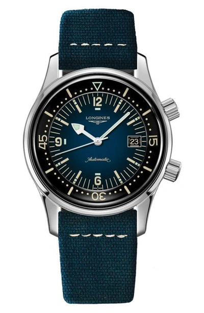 Longines Men's Swiss Automatic Legend Diver Blue Leather Strap Watch 42mm In Blue