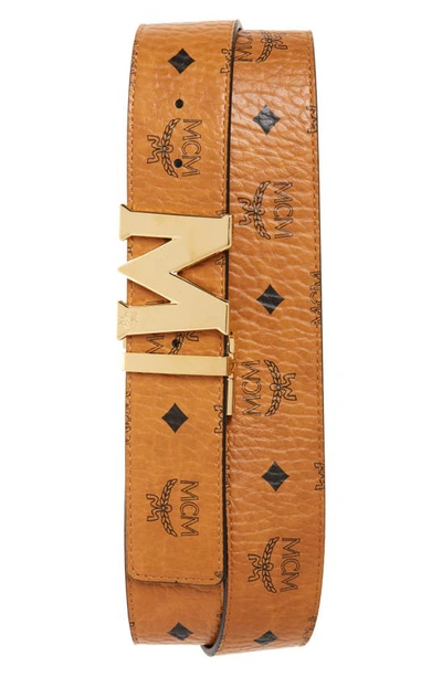 Shop Mcm Reversible Signature Leather Belt In Cognac