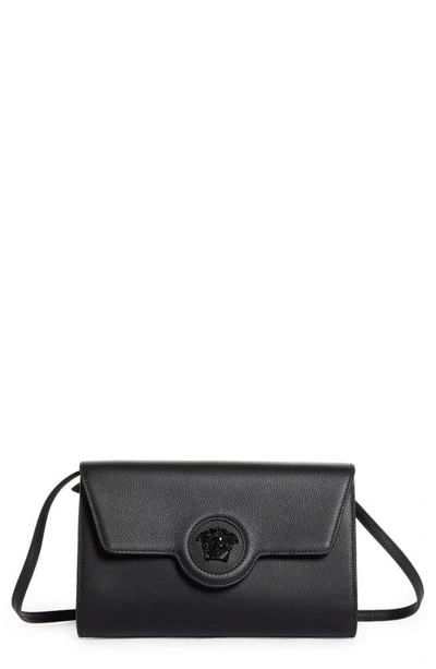 Shop Versace La Medusa Leather Wallet On A Strap In Black-black- Gold