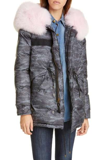 Shop Mr & Mrs Italy Genuine Fox Fur Trim Down Fill Camouflage Puffer Coat In Grey/ Black