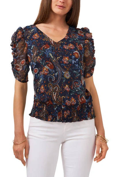 Shop Chaus Ruched Sleeve Print Blouse In Navy/ Rust