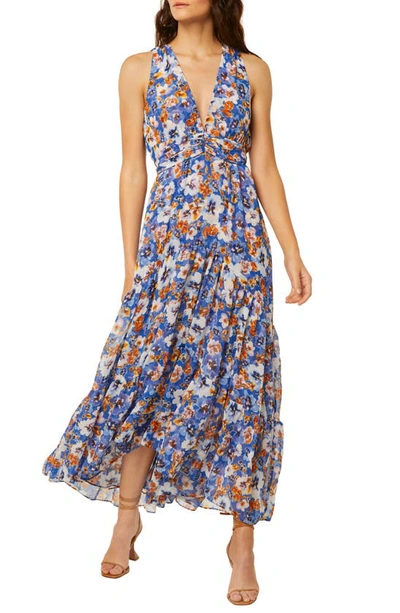 Shop Misa Dominika Floral Sleeveless Maxi Dress In Blue Pansy