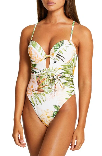 River Island Tropical Floral Plunge Swimsuit In Cream-white | ModeSens