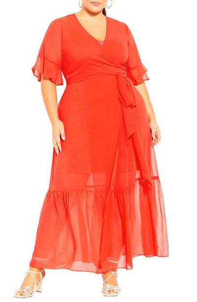Shop City Chic Flutter Sleeve Wrap Maxi Dress In Tigerlily