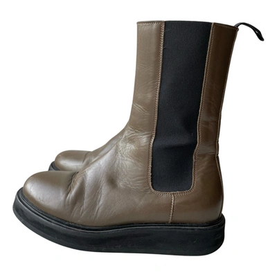 Pre-owned Legres Leather Ankle Boots In Khaki