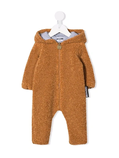 Shop Moschino Hooded Teddy Pajamas In Brown