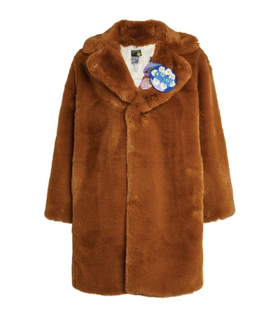 Shop Natasha Zinko Faux Fur Coat With Badges In Brown