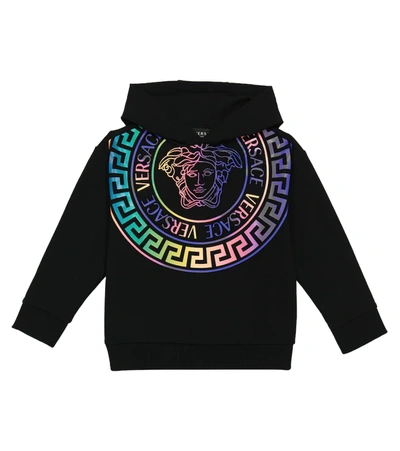 Shop Versace Greca Neon Logo Cotton Hoodie In 黑色