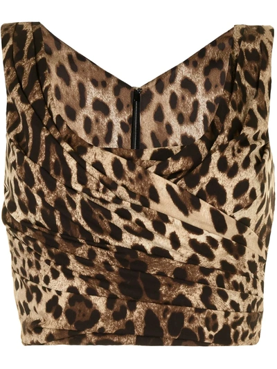 Shop Dolce & Gabbana Leopard-print Draped Crop Top In Braun
