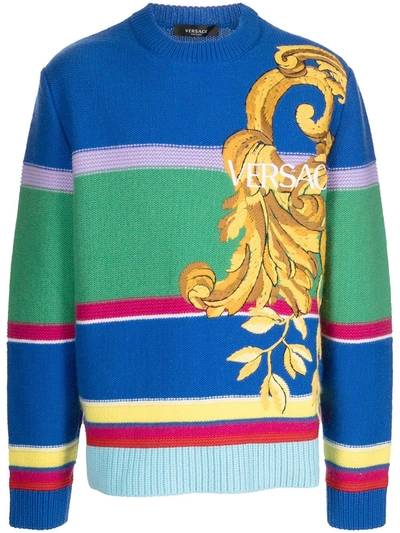Shop Versace Logo-embroidered Intarsia Knit Jumper In Blue