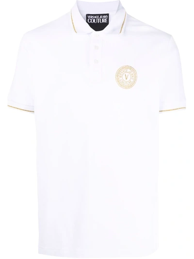 Shop Versace Jeans Couture V-emblem Cotton Polo Shirt In Weiss