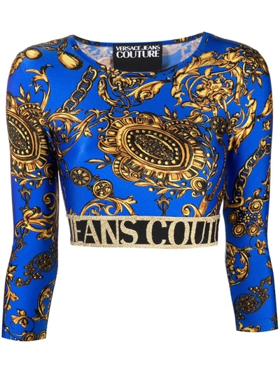 Shop Versace Jeans Couture Baroque Pattern-print Cropped Top In Blau