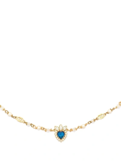 Shop Gucci Pearl-detail Crystal Heart Necklace In Gold