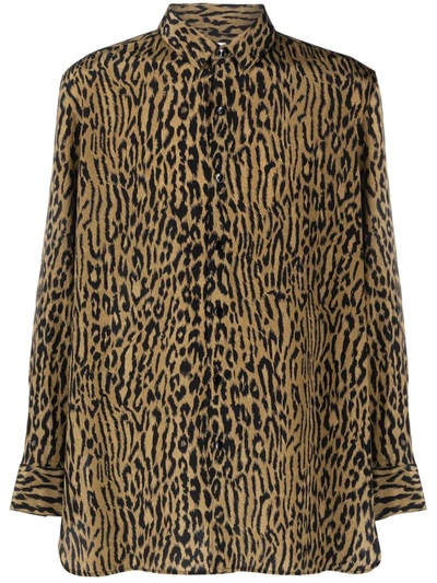 Shop Saint Laurent Leopard-print Silk Shirt In Brown