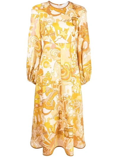 Shop Zimmermann Patterned Long-sleeved Midi Dress In Gelb