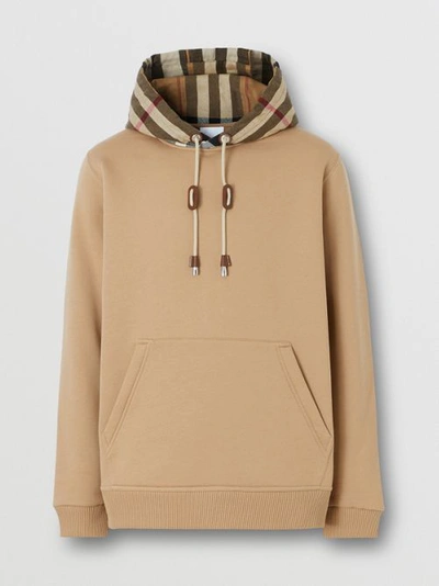 Shop Burberry Check Trim Cotton Blend Hoodie In Camel