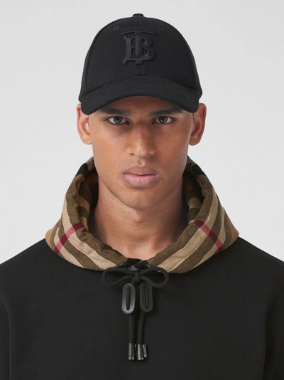 Shop Burberry Check Hood Cotton Blend Hoodie In Black/birch Brown