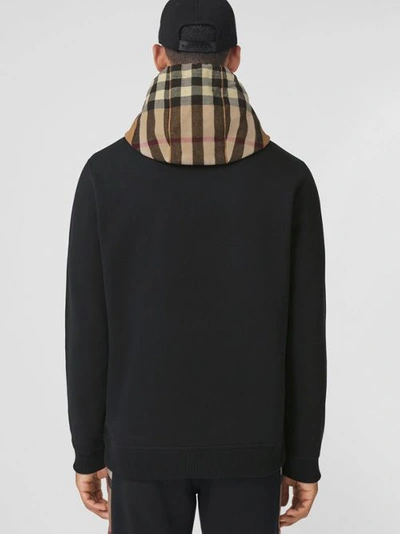 Shop Burberry Check Hood Cotton Blend Hoodie In Black/birch Brown