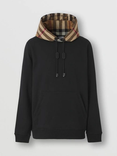 Shop Burberry Check Hood Cotton Blend Hoodie In Black/birch Brown