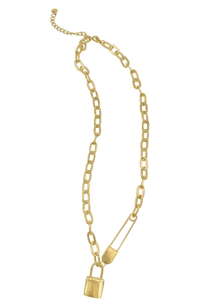 Shop Adornia Safety Pin And Lock Chain Necklace In Yellow