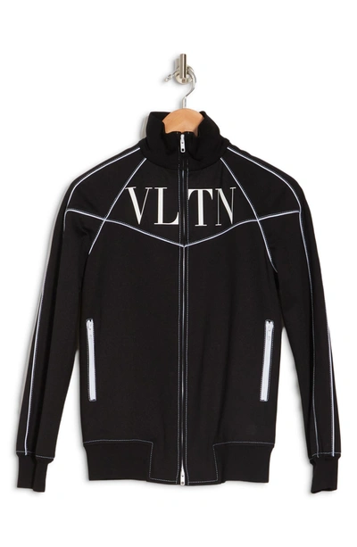 Shop Valentino Donna Contrast Stitching Logo Zip Jacket In Nero