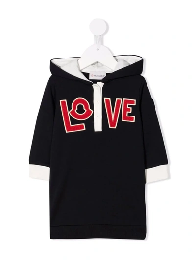 Shop Moncler Slogan-embroidered Hooded Dress In Blue