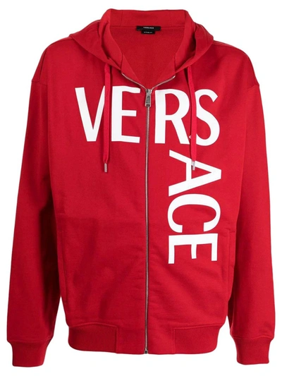Shop Versace Zipped Split Logo Hoodie In Red