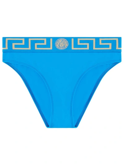 Shop Versace Greca Border Bikini Brief Turquoise In Blue
