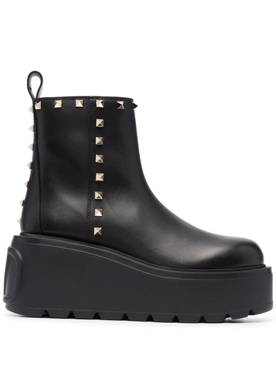 Valentino Uniqueform Rockstud Leather Chelsea Platform Booties In Black