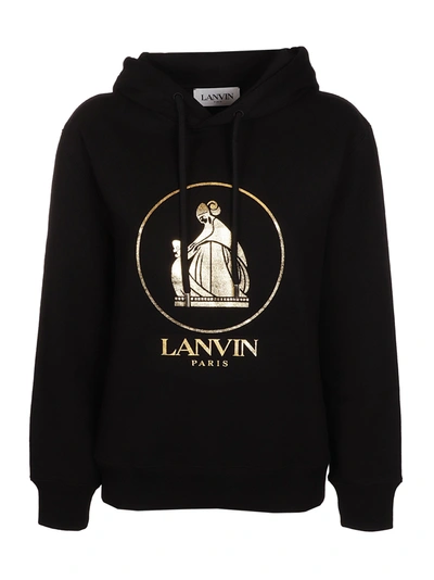 Shop Lanvin Logo Printed Drawstring Hoodie In Black