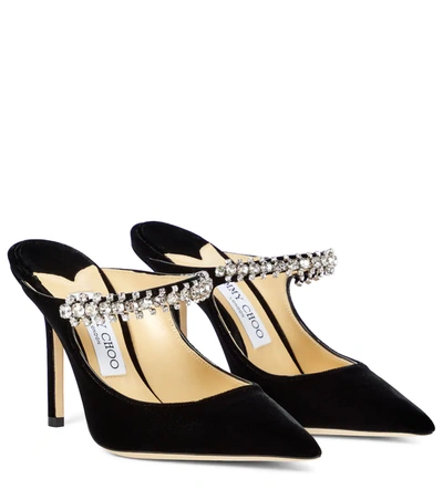 Shop Jimmy Choo Bing 100 Embellished Velvet Mules In 黑色