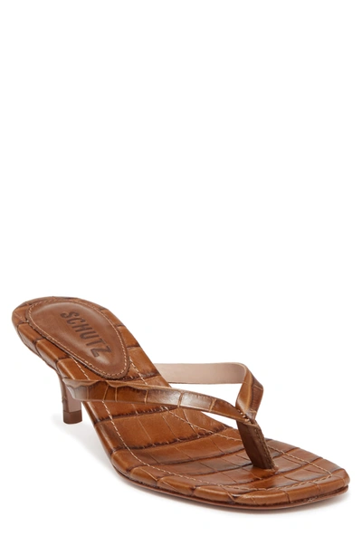 Schutz Ivone Croc Embossed Leather Kitten Heel Sandal In Bear