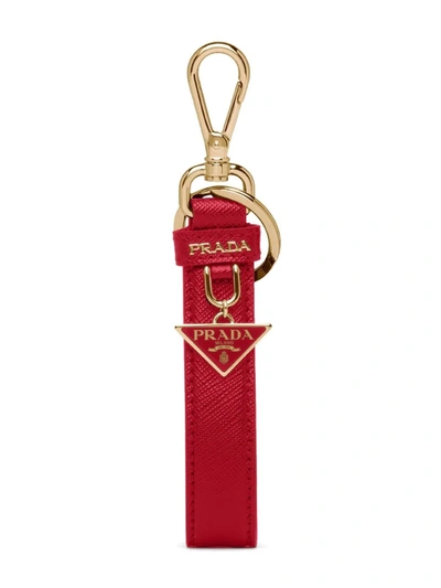Shop Prada Triangle-logo Leather Keychain In Red