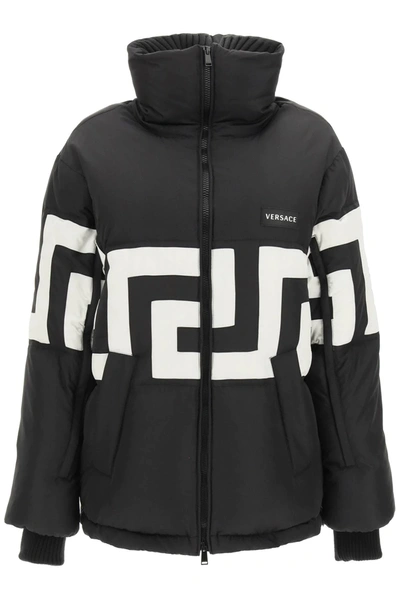 Shop Versace Down Jacket With Greca In Black,white